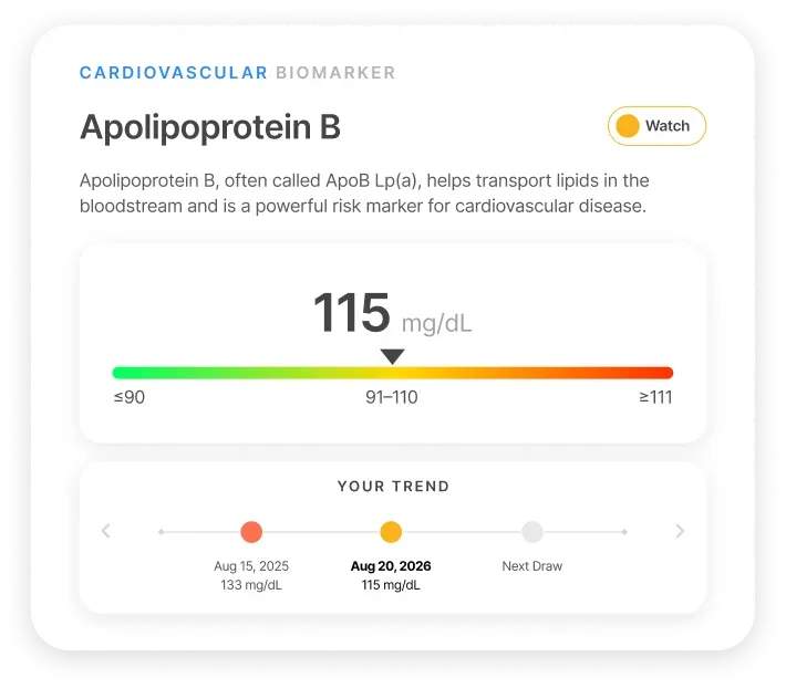 Apolipoprotein B, cardiovascular biomarker: example value 115 mg/dL, in the watch range, with a two-draw trend